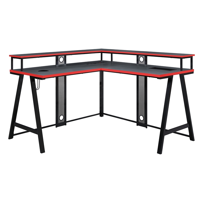 Pemberly Row Contemporary L-Shape Gaming Desk in Metal Black