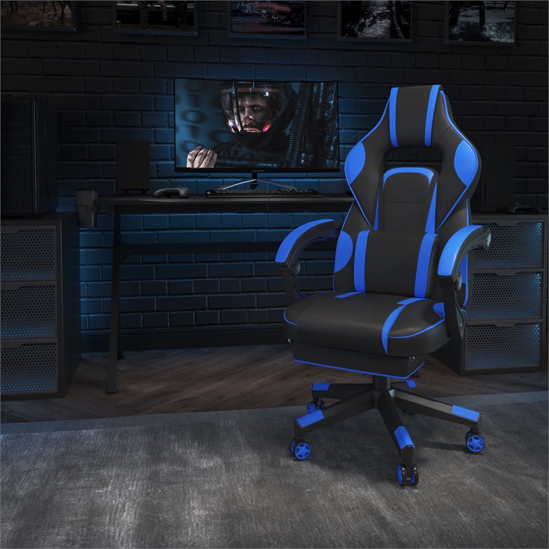 Pemberly Row LeatherSoft Gaming Chair with Recline Back/Arms in Black/Blue