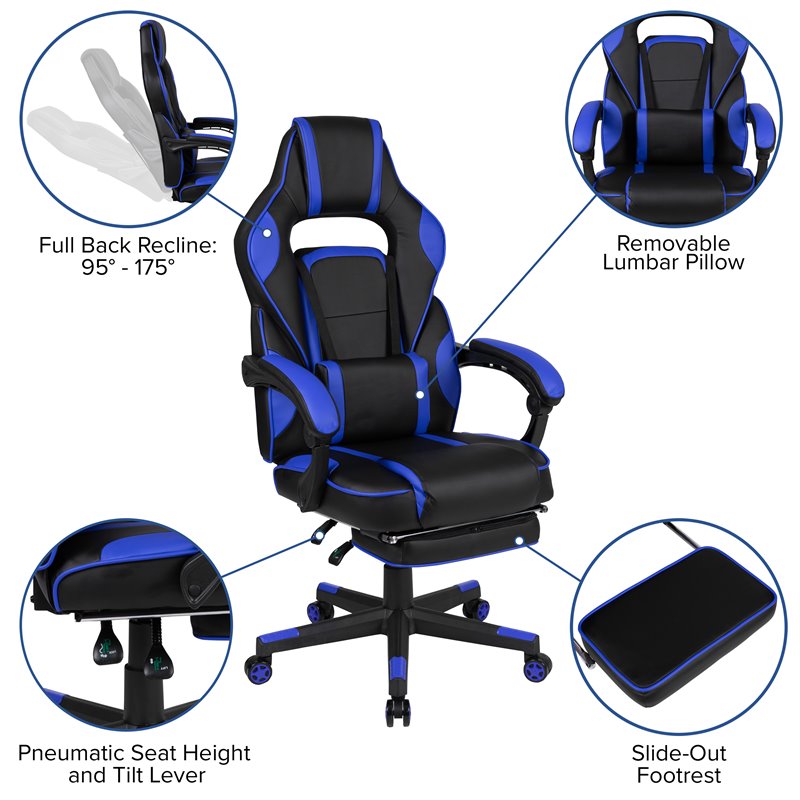 Pemberly Row LeatherSoft Gaming Chair with Recline Back/Arms in Black/Blue