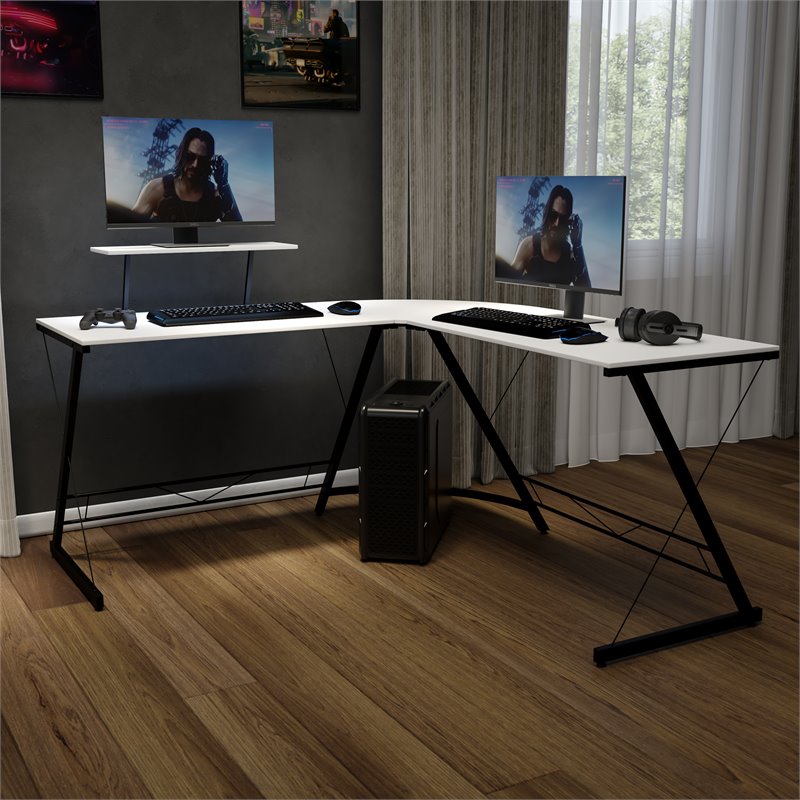 Pemberly Row L-Shaped Steel Metal Computer Gaming Desk in White/Black