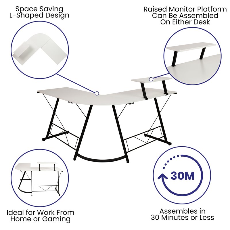 Pemberly Row L-Shaped Steel Metal Computer Gaming Desk in White/Black