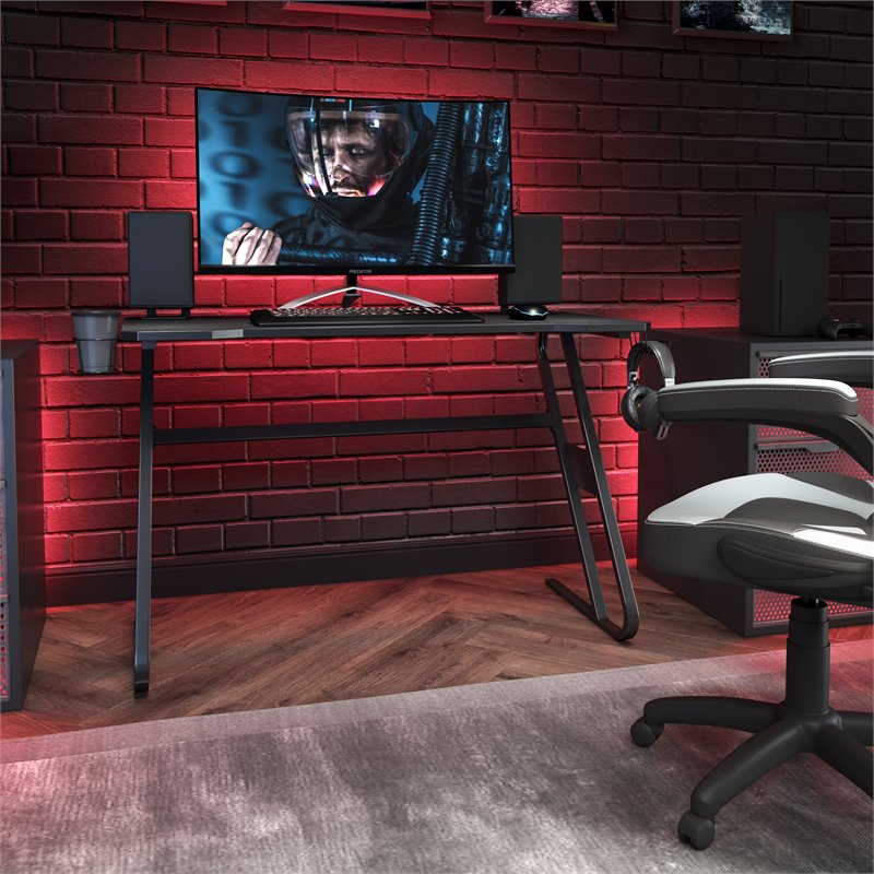 Pemberly Row Engineered Wood and Steel Gaming Ergonomic Desk in Black