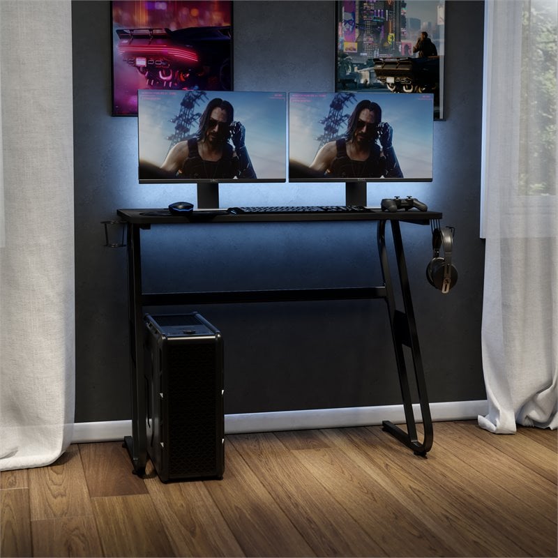 Pemberly Row Engineered Wood and Steel Gaming Ergonomic Desk in Black