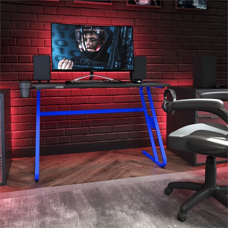 Pemberly Row Engineered Wood and Steel Gaming Ergonomic Desk in Blue