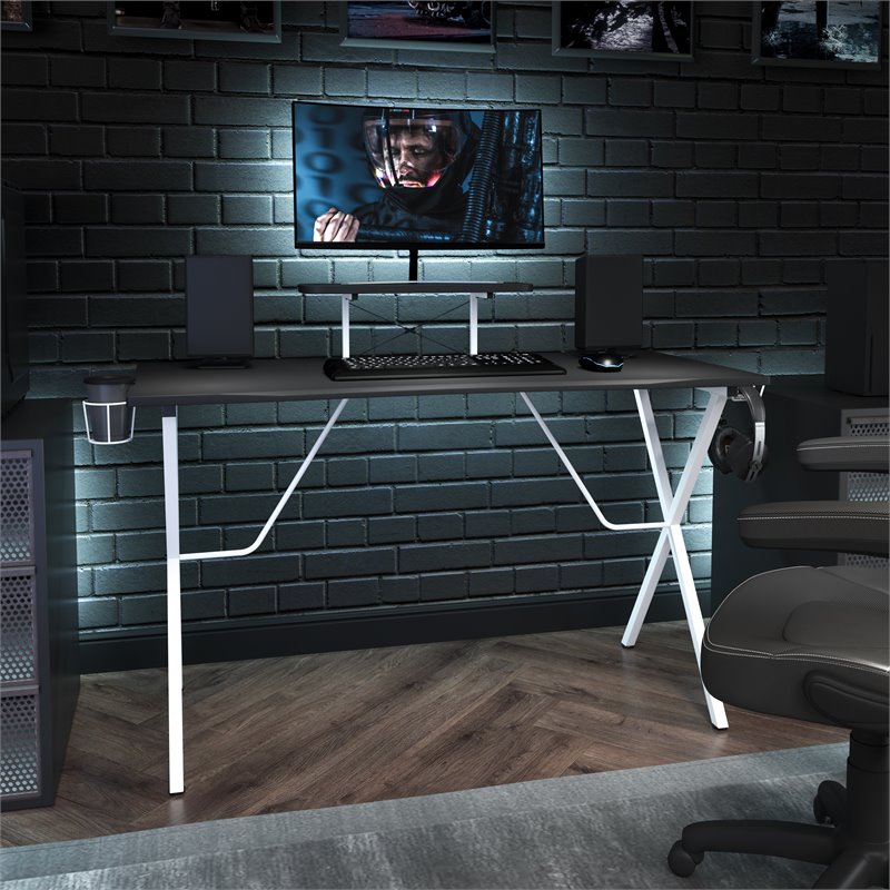 Pemberly Row Metal Gaming Desk with Monitor Stand in Black/White