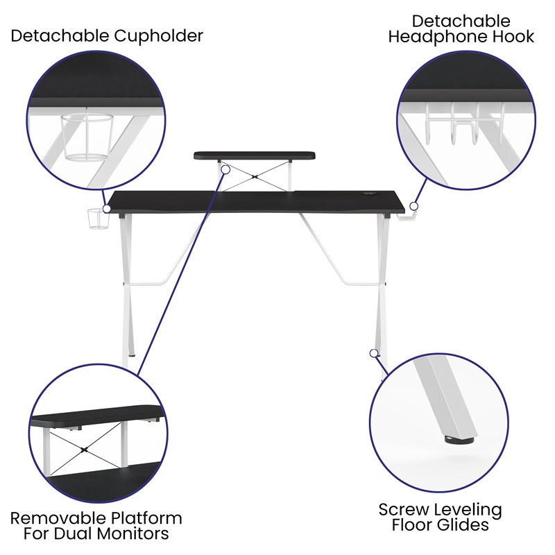 Pemberly Row Metal Gaming Desk with Monitor Stand in Black/White