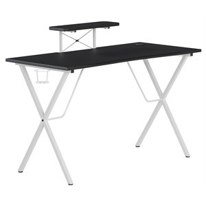 Pemberly Row Metal Gaming Desk with Monitor Stand in Black/White