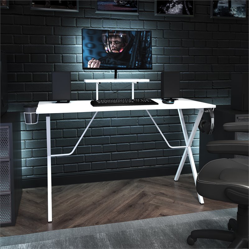 Pemberly Row Metal & Engineered Wood Gaming Desk with Monitor Stand in White