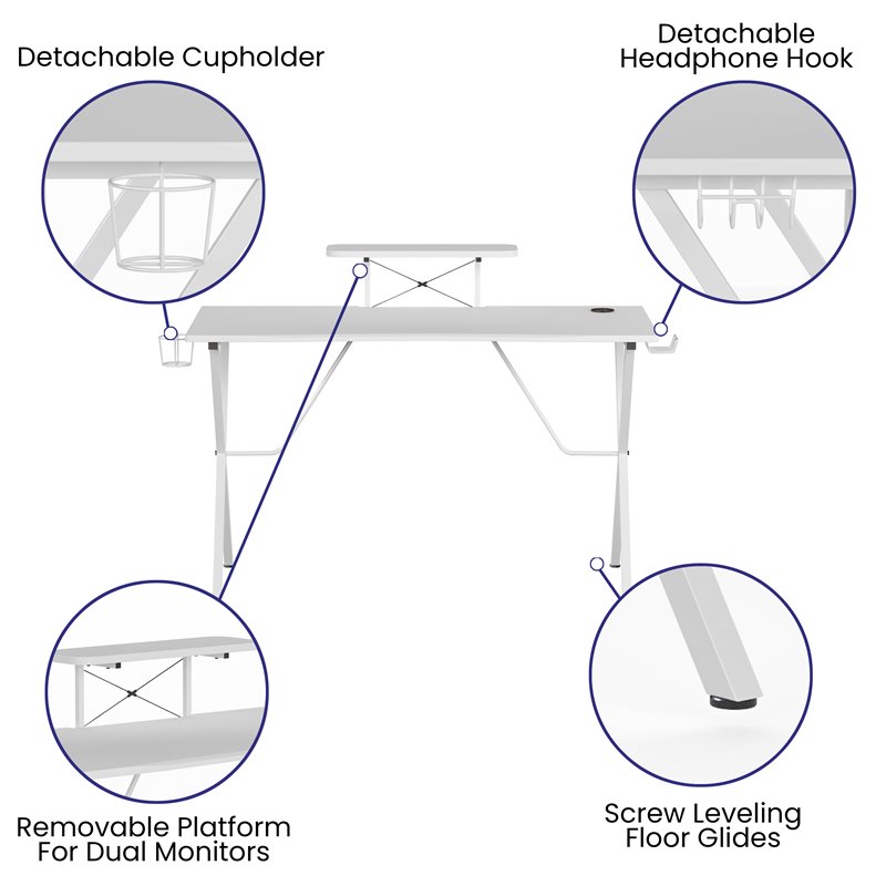 Pemberly Row Metal & Engineered Wood Gaming Desk with Monitor Stand in White