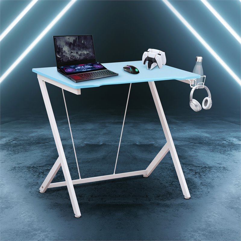 Pemberly Row Y-Shaped Modern Wood and Steel Gaming Desk in Blue