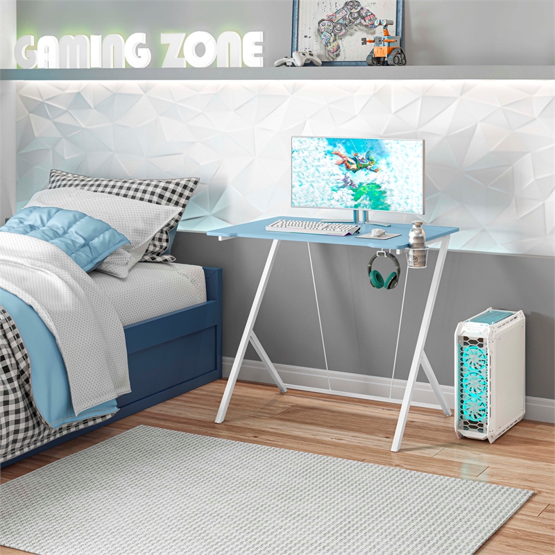 Pemberly Row Y-Shaped Modern Wood and Steel Gaming Desk in Blue