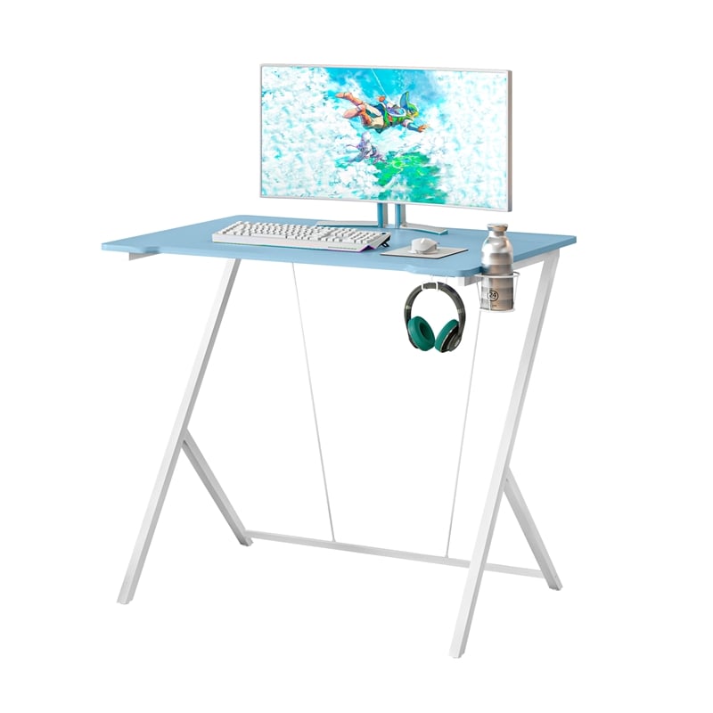 Pemberly Row Y-Shaped Modern Wood and Steel Gaming Desk in Blue