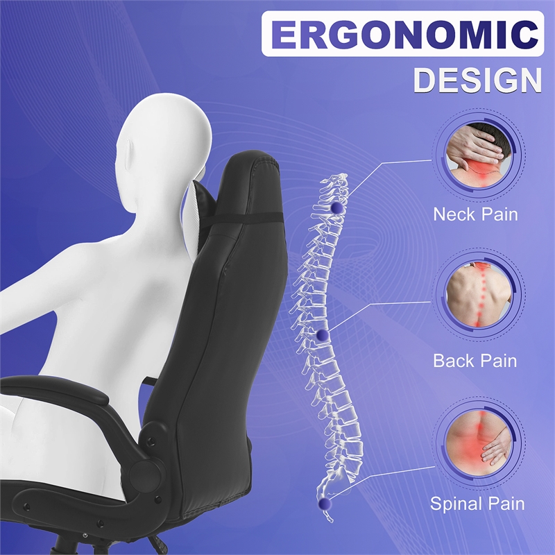 Pemberly Row Faux Leather & Metal Gaming Desk Chair in Black