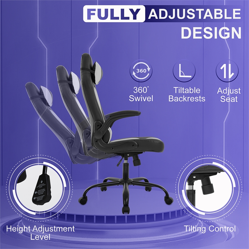 Pemberly Row Faux Leather & Metal Gaming Desk Chair in Black