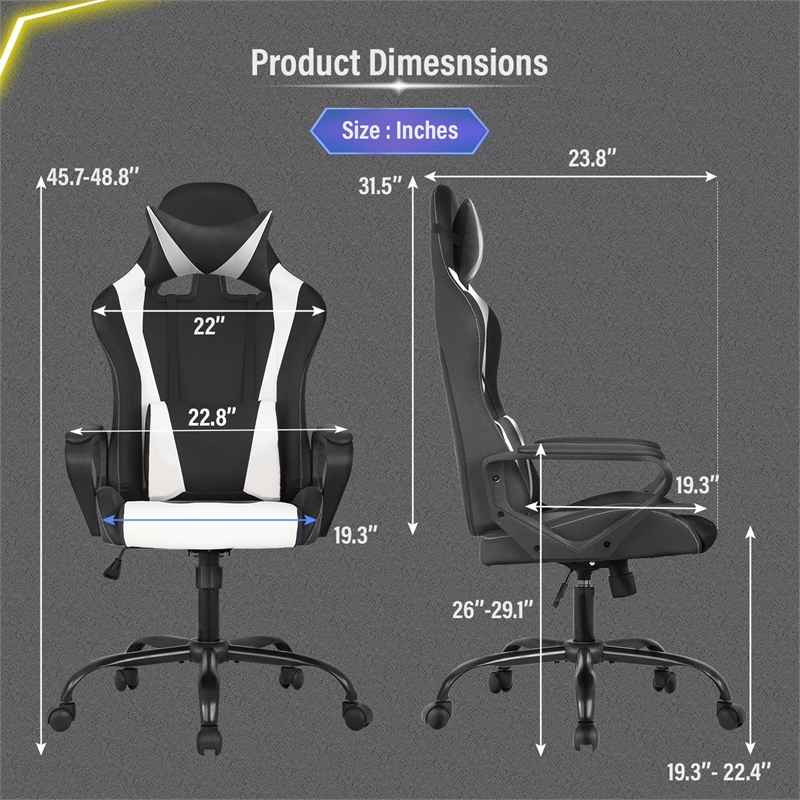 Pemberly Row Faux Leather Gaming Desk Chair in Black and White