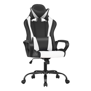 Pemberly Row Faux Leather Gaming Desk Chair in Black and White