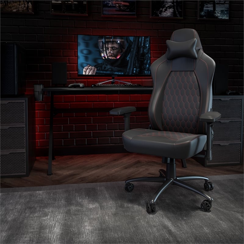 Pemberly Row Ergonomic Faux Leather Gaming Chair in Black/Red