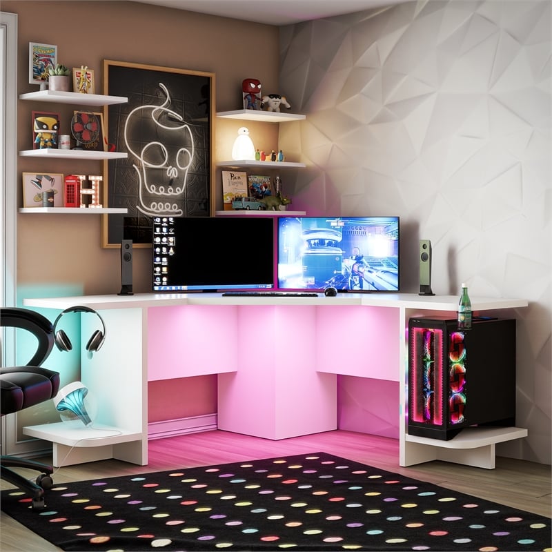 Pemberly Row Engineered Wood Gaming Desk with LED Light in White