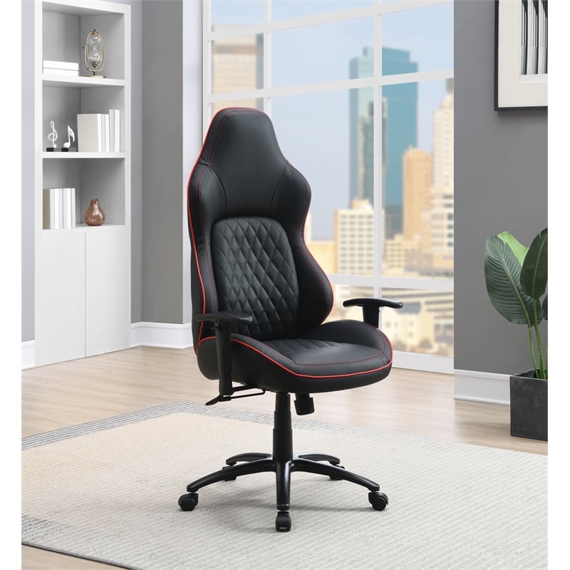 Pemberly Row Modern Chair Black Bonded Leather with Red Accents