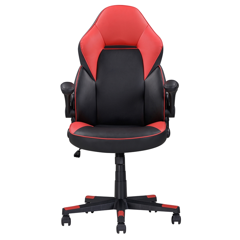Pemberly Row Gamer Black/Red Faux Leather Office Chair with Fabric Upholstery