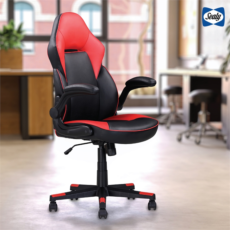 Pemberly Row Gamer Black/Red Faux Leather Office Chair with Fabric Upholstery