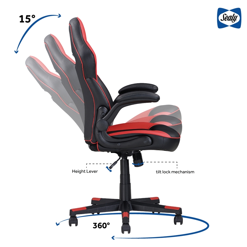 Pemberly Row Gamer Black/Red Faux Leather Office Chair with Fabric Upholstery