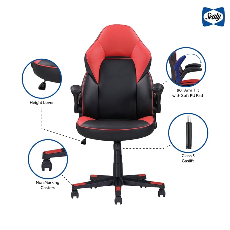 Pemberly Row Gamer Black/Red Faux Leather Office Chair with Fabric Upholstery