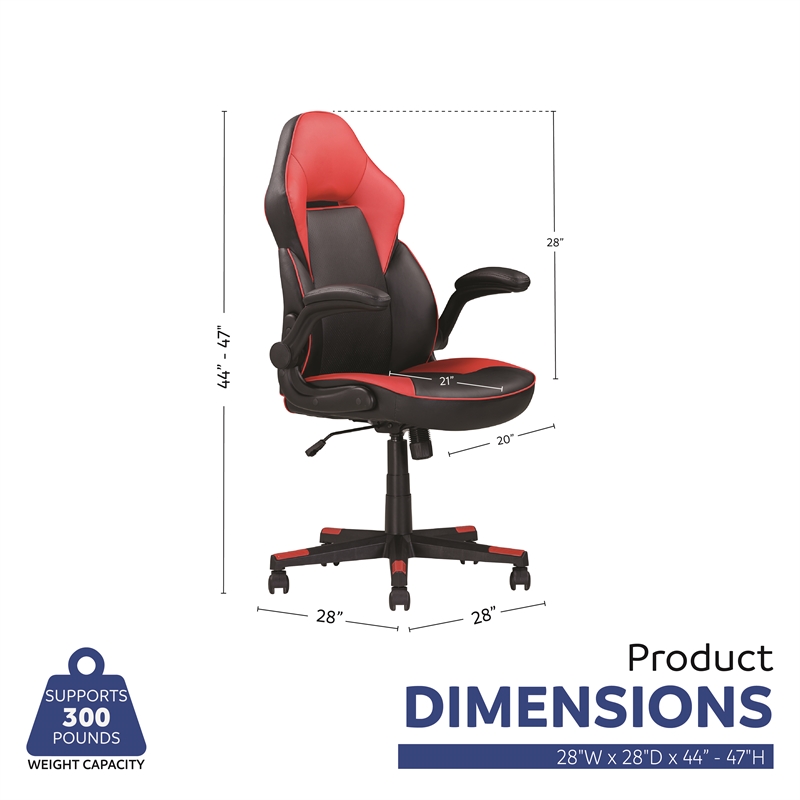 Pemberly Row Gamer Black/Red Faux Leather Office Chair with Fabric Upholstery