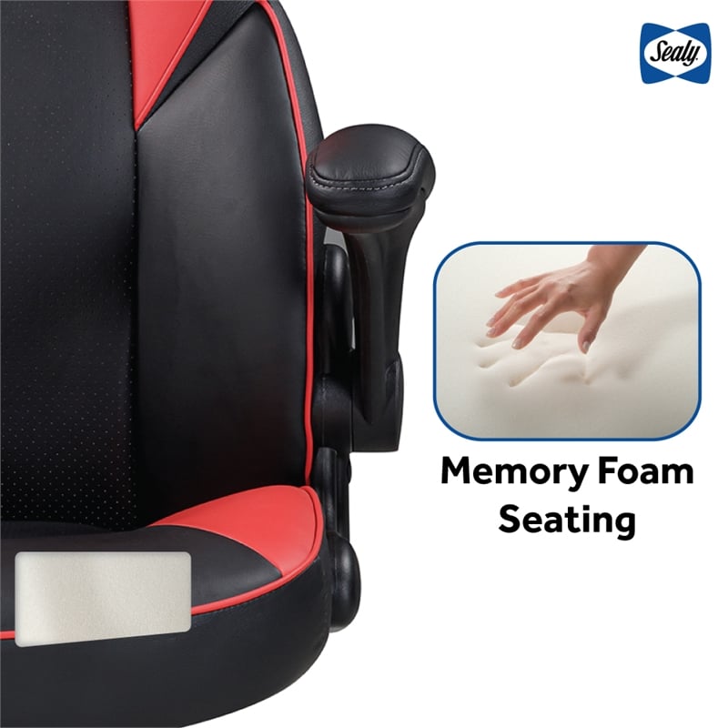 Pemberly Row Gamer Black/Red Faux Leather Office Chair with Fabric Upholstery