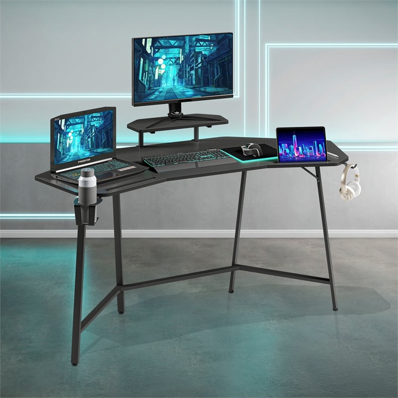 Pemberly Row Gaming Desk with Shelf & Accessory Holders Black