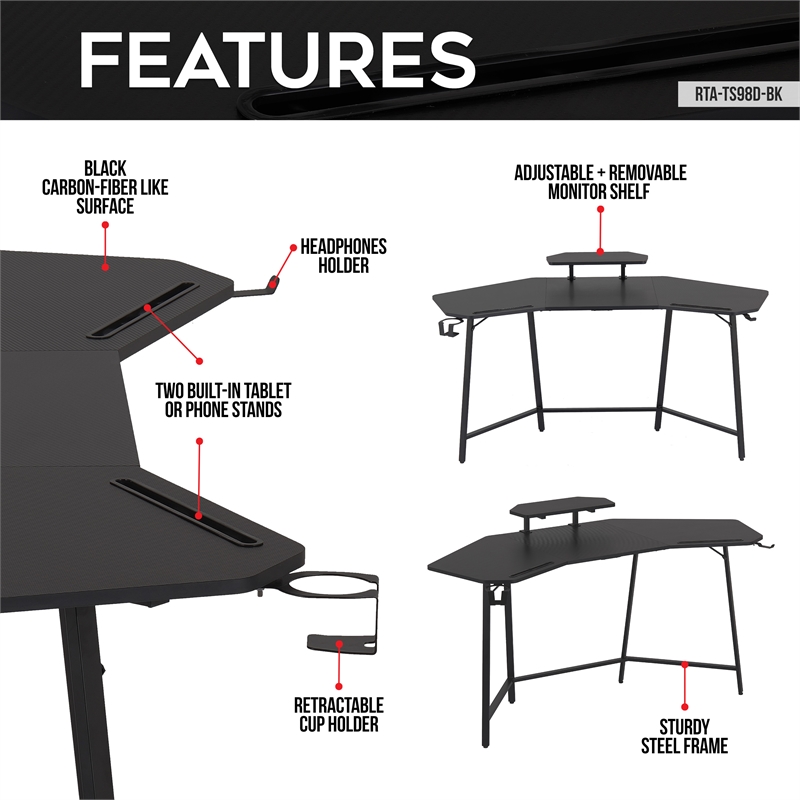 Pemberly Row Gaming Desk with Shelf & Accessory Holders Black