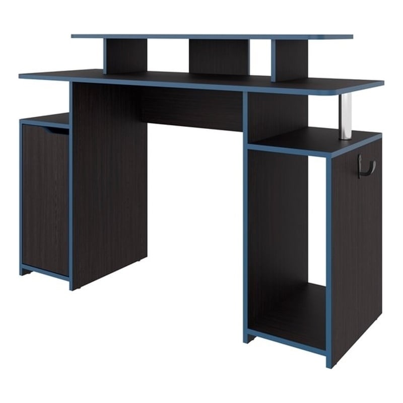 Pemberly Row Minimalist Gaming Desk with Elevated Monitor Shelf Blue Accents