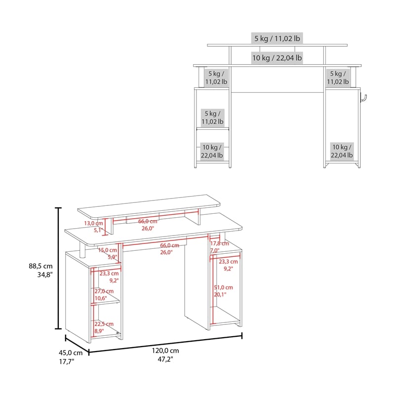 Pemberly Row Minimalist Gaming Desk with Elevated Monitor Shelf Blue Accents