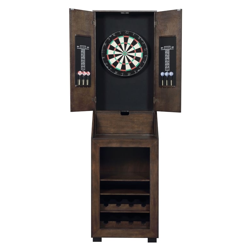 Pemberly Row Transitional Wood Dartboard Cabinet in Walnut Finish