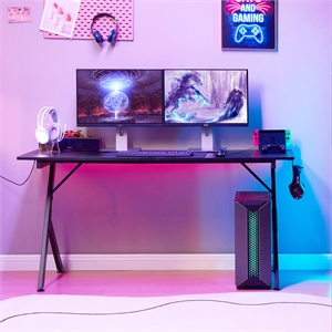 Pemberly Row 63&quot Gaming Desk with USB Mouse Pad Black Engineered Wood