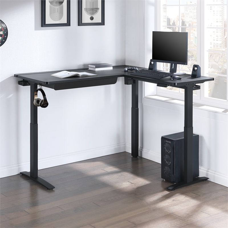 Pemberly Row L-Shape Electric Lift Gaming Desk in Steel Grey Carbon Fiber Finish