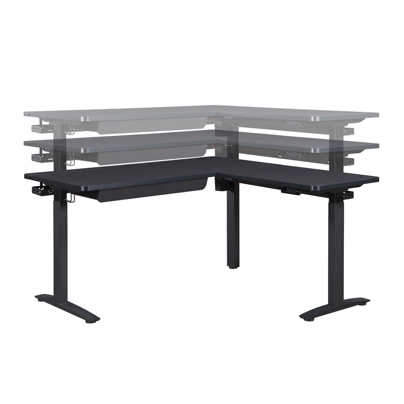 Pemberly Row L-Shape Electric Lift Gaming Desk in Steel Grey Carbon Fiber Finish