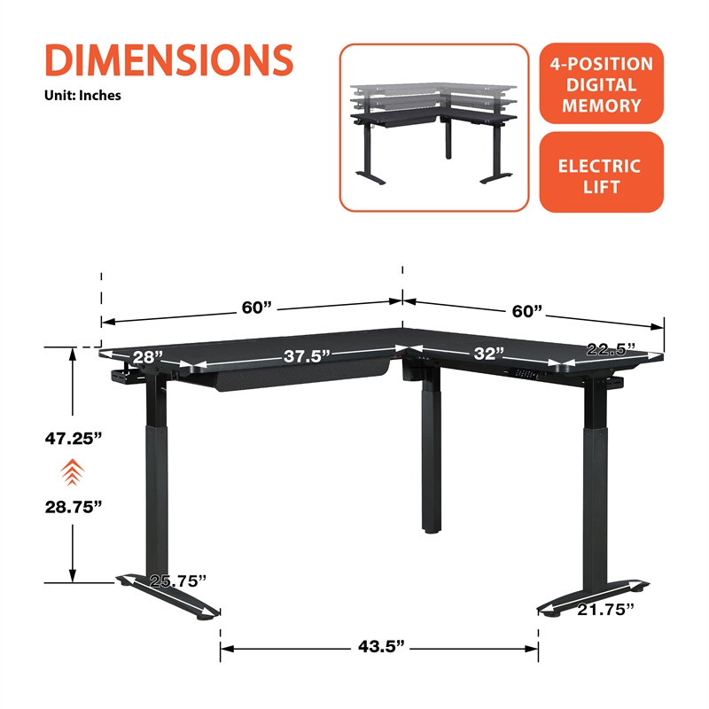 Pemberly Row L-Shape Electric Lift Gaming Desk in Steel Grey Carbon Fiber Finish