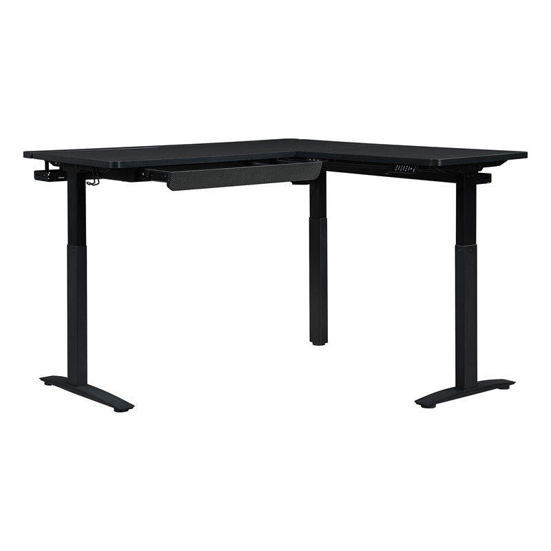 Pemberly Row L-Shape Electric Lift Gaming Desk in Steel Grey Carbon Fiber Finish