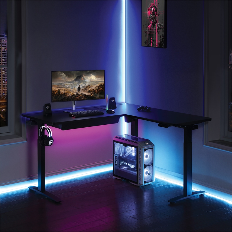 Pemberly Row L-Shape Electric Lift Gaming Desk in Steel Grey Carbon Fiber Finish