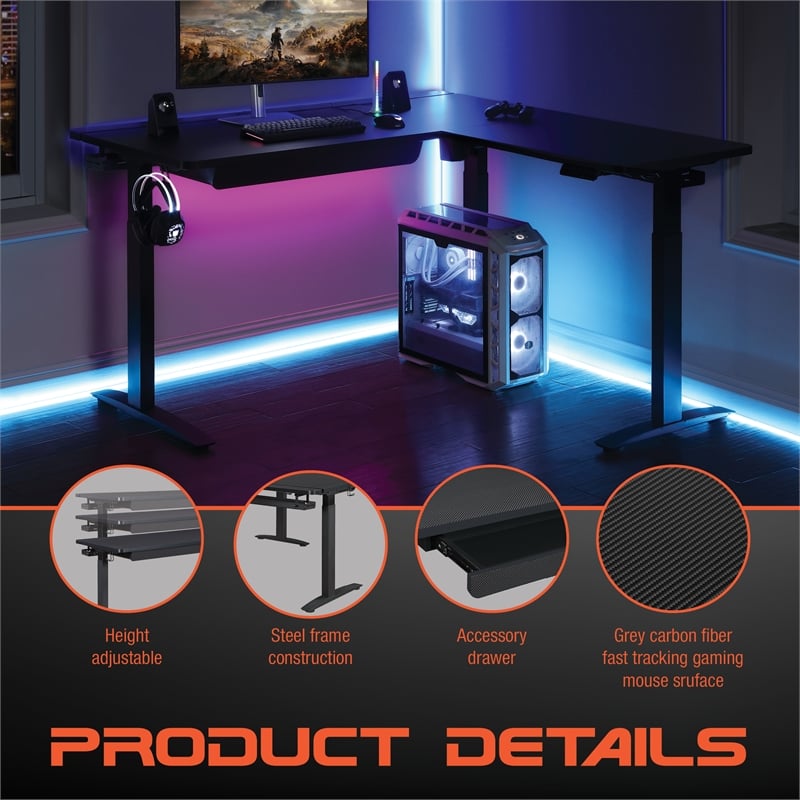 Pemberly Row L-Shape Electric Lift Gaming Desk in Steel Grey Carbon Fiber Finish