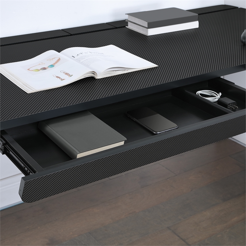 Pemberly Row L-Shape Electric Lift Gaming Desk in Steel Grey Carbon Fiber Finish