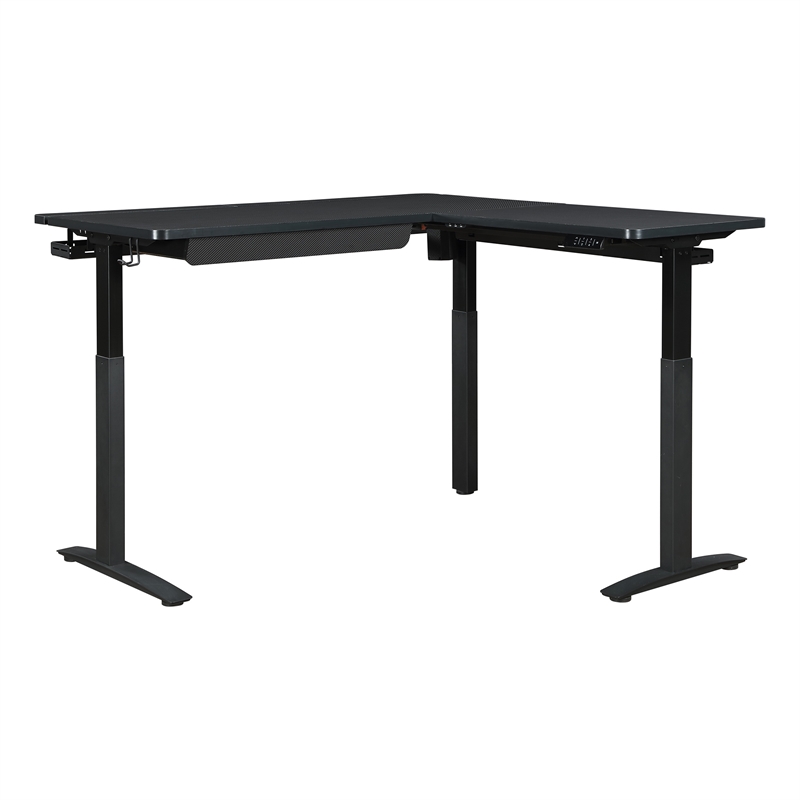 Pemberly Row L-Shape Electric Lift Gaming Desk in Steel Grey Carbon Fiber Finish