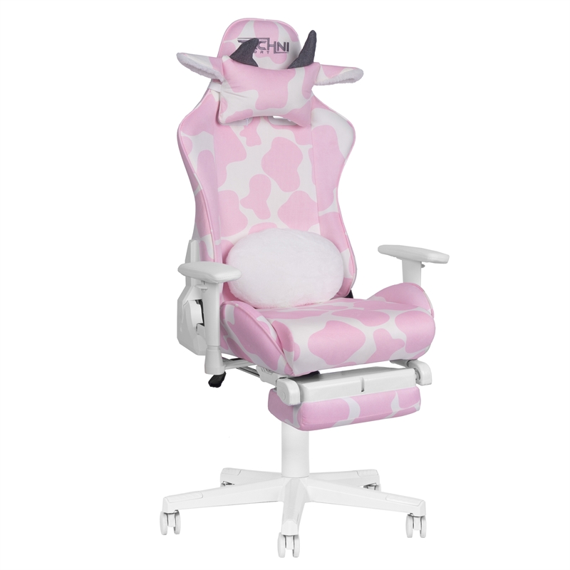 Pemberly Row Modern Pink COW Print Gaming Chair with Footrest