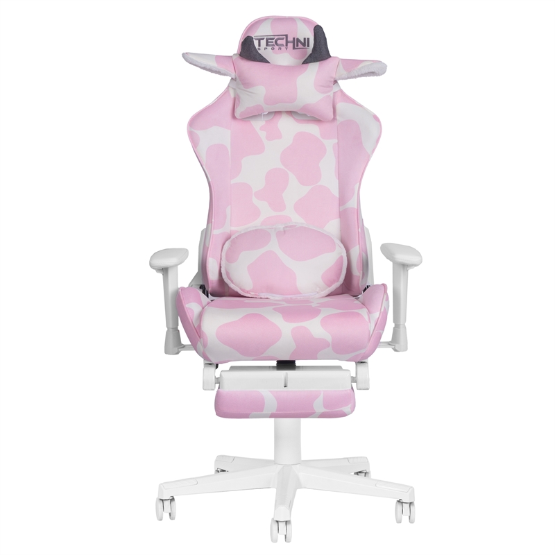 Pemberly Row Modern Pink COW Print Gaming Chair with Footrest