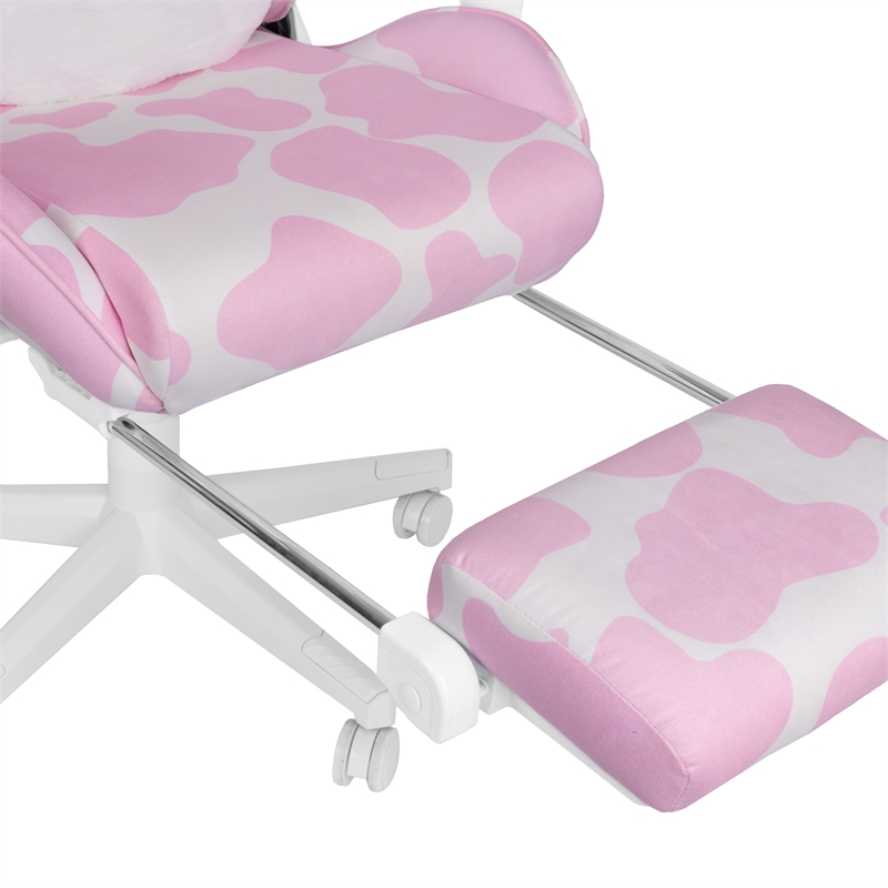 Pemberly Row Modern Pink COW Print Gaming Chair with Footrest