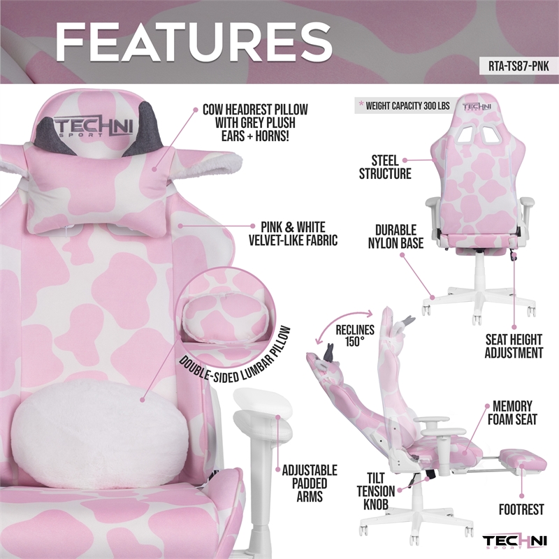 Pemberly Row Modern Pink COW Print Gaming Chair with Footrest