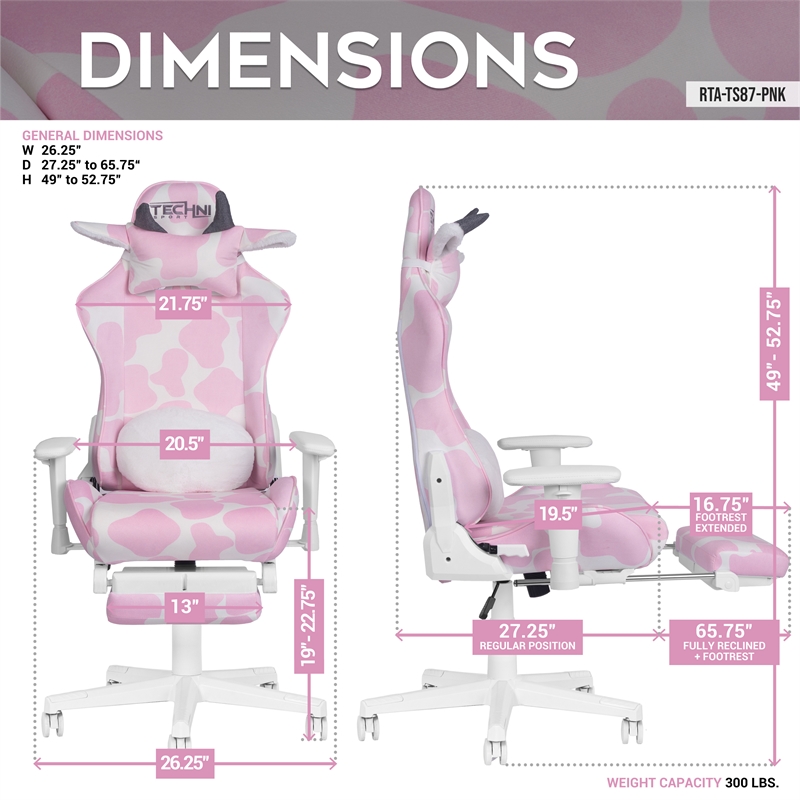 Pemberly Row Modern Pink COW Print Gaming Chair with Footrest