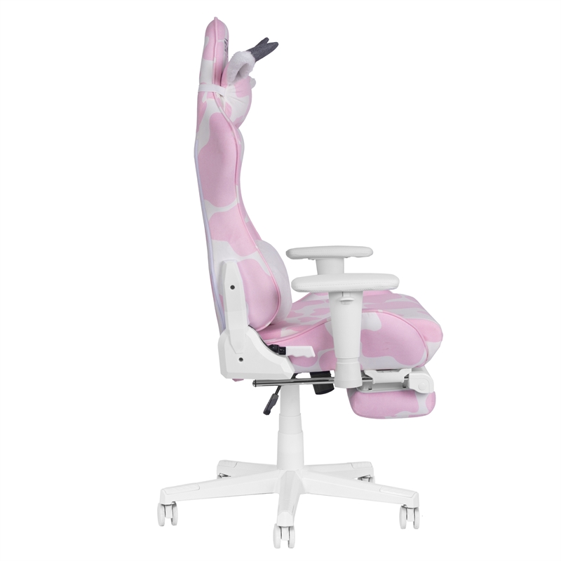 Pemberly Row Modern Pink COW Print Gaming Chair with Footrest