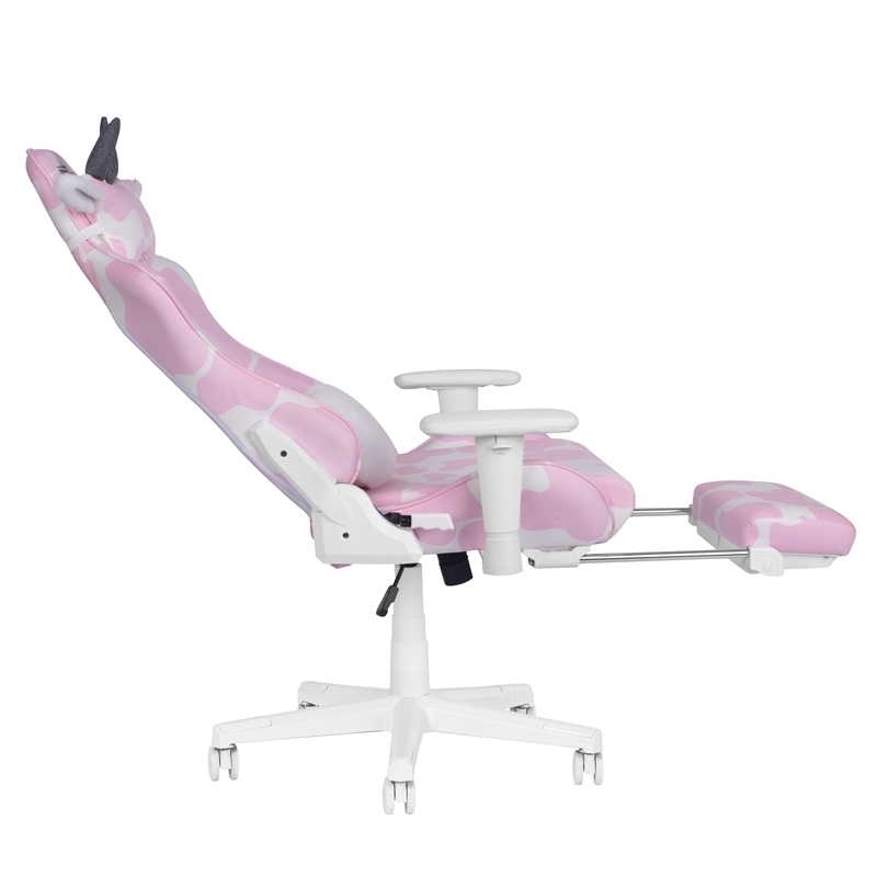 Pemberly Row Modern Pink COW Print Gaming Chair with Footrest